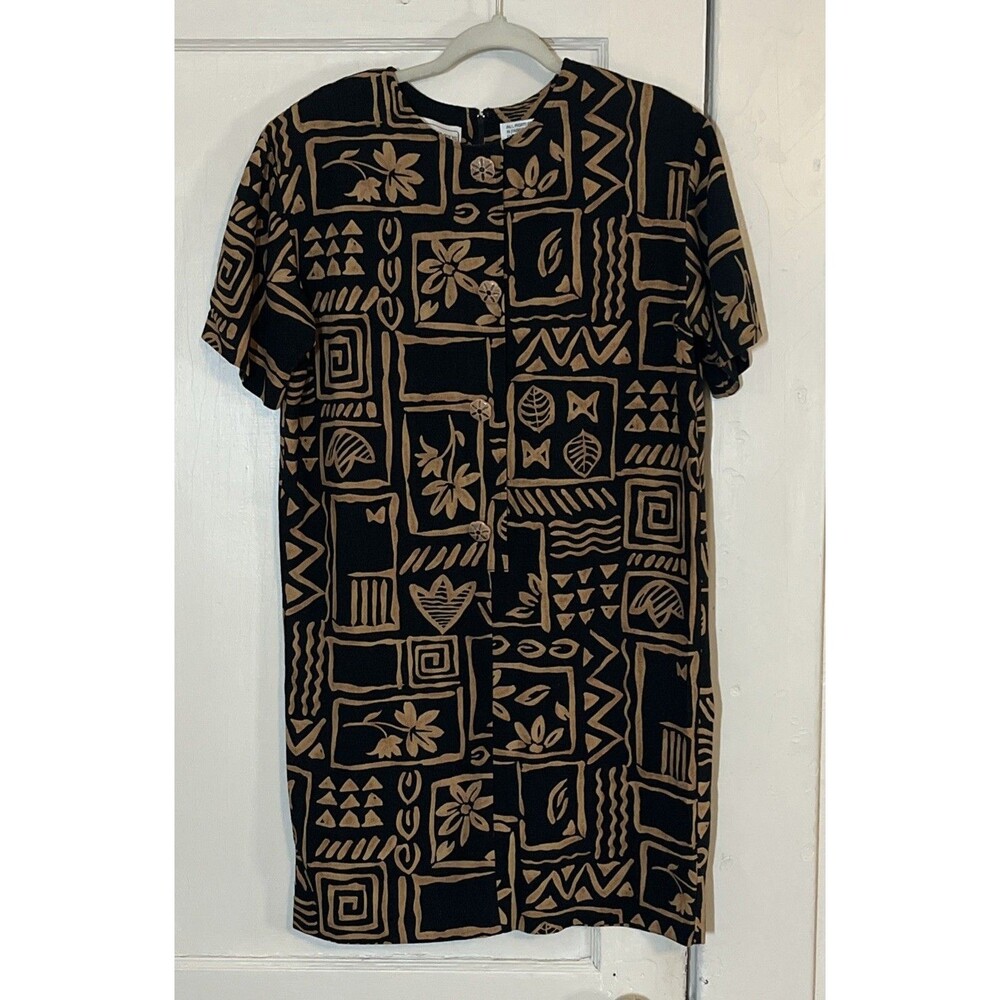 Karin Stevens Dress Women’s 8 Black Brown Floral Bold Design Linen Blend Zip